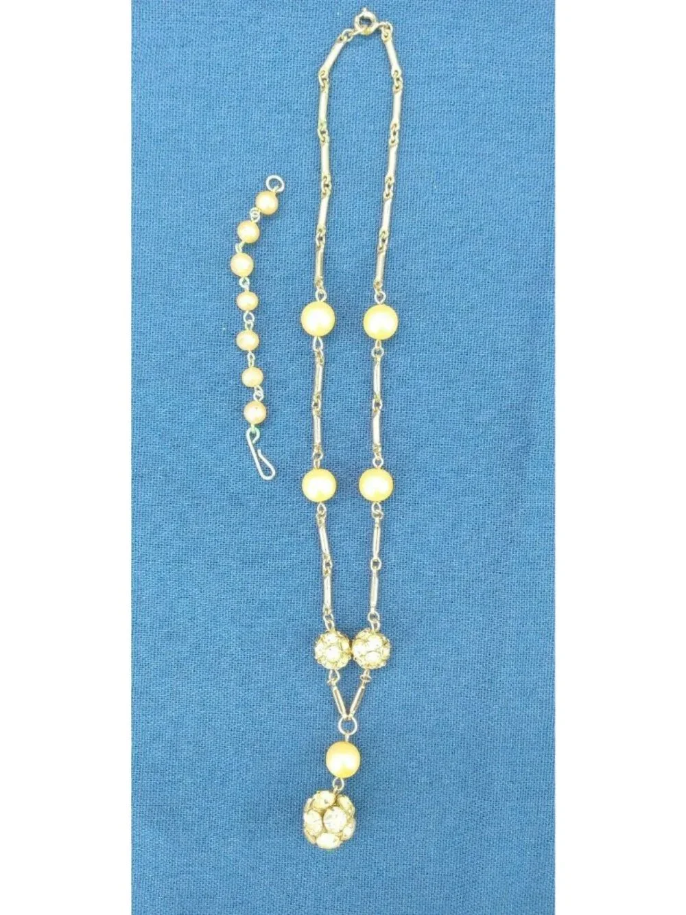 Vintage Rhinestone Ball Necklace Faux Pearls Y-Drop Globe Cluster Extender 17